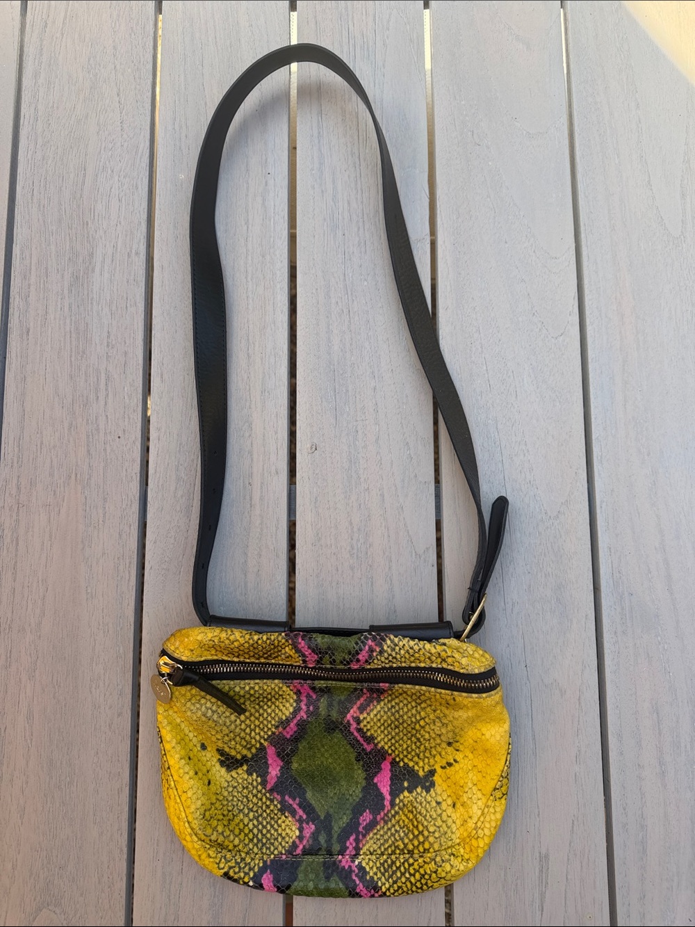 Clare V. Yellow Python-Print Fanny Pack Crossbody Bag with Black Strap